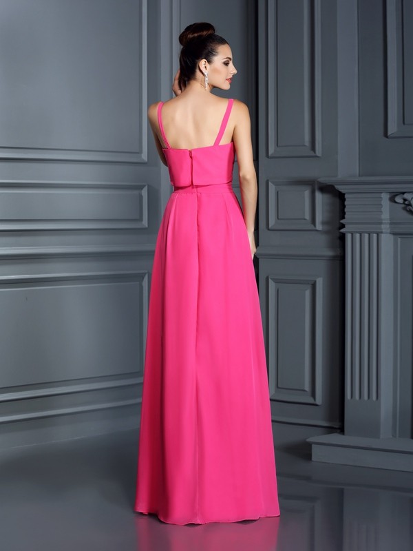 A-Line/Princess Spaghetti Straps Sleeveless Long Chiffon Bridesmaid Dresses 2551