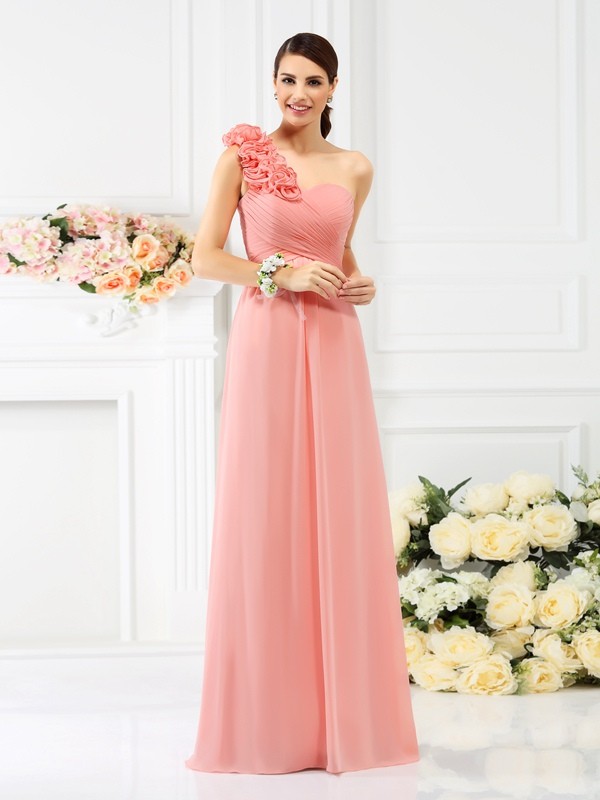 A-Line/Princess One-Shoulder Hand-Made Flower Sleeveless Long Chiffon Bridesmaid Dresses 2367