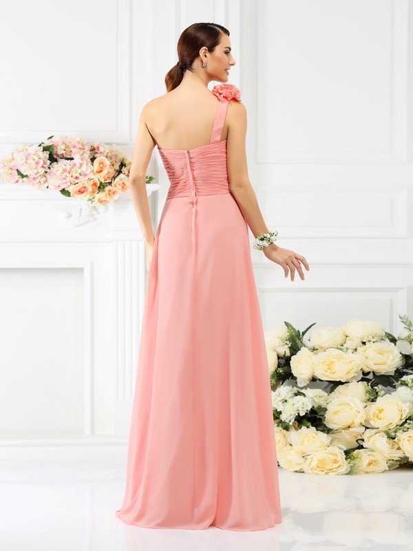 A-Line/Princess One-Shoulder Hand-Made Flower Sleeveless Long Chiffon Bridesmaid Dresses 2367