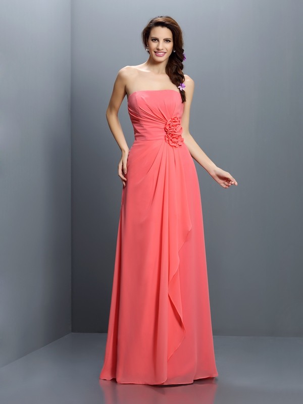 A-Line/Princess Strapless Hand-Made Flower Sleeveless Long Chiffon Bridesmaid Dresses 2563