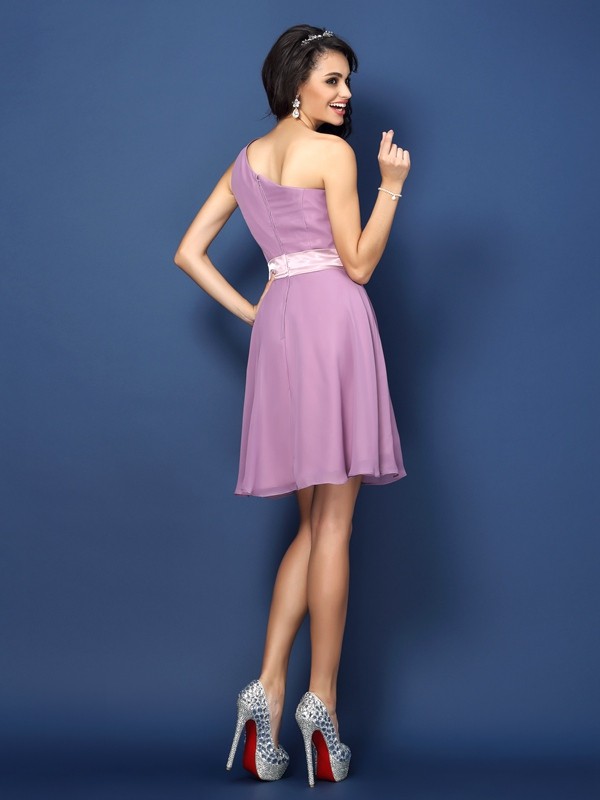 A-Line/Princess One-Shoulder Hand-Made Flower Sleeveless Short Chiffon Bridesmaid Dresses 2369