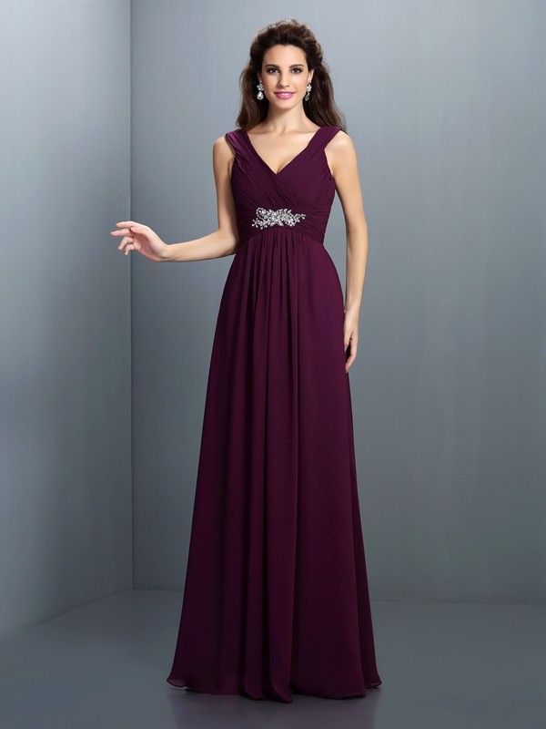 A-Line/Princess V-neck Beading Pleats Sleeveless Long Chiffon Bridesmaid Dresses 2781