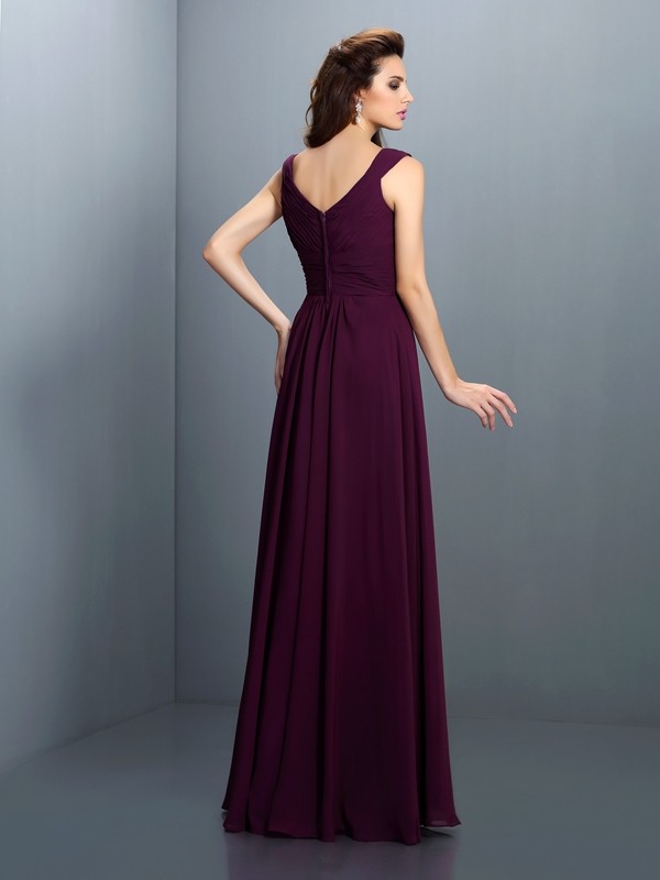 A-Line/Princess V-neck Beading Pleats Sleeveless Long Chiffon Bridesmaid Dresses 2781