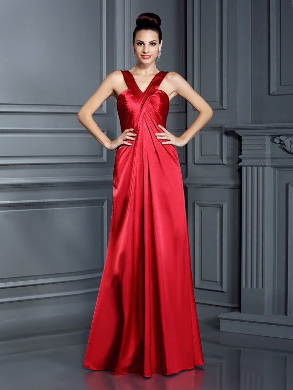 A-Line/Princess Straps Sleeveless Long Elastic Woven Satin Bridesmaid Dresses 2647