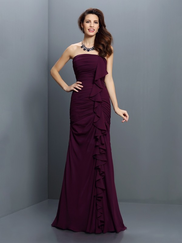 Trumpet/Mermaid Strapless Pleats Sleeveless Long Chiffon Bridesmaid Dresses 3278