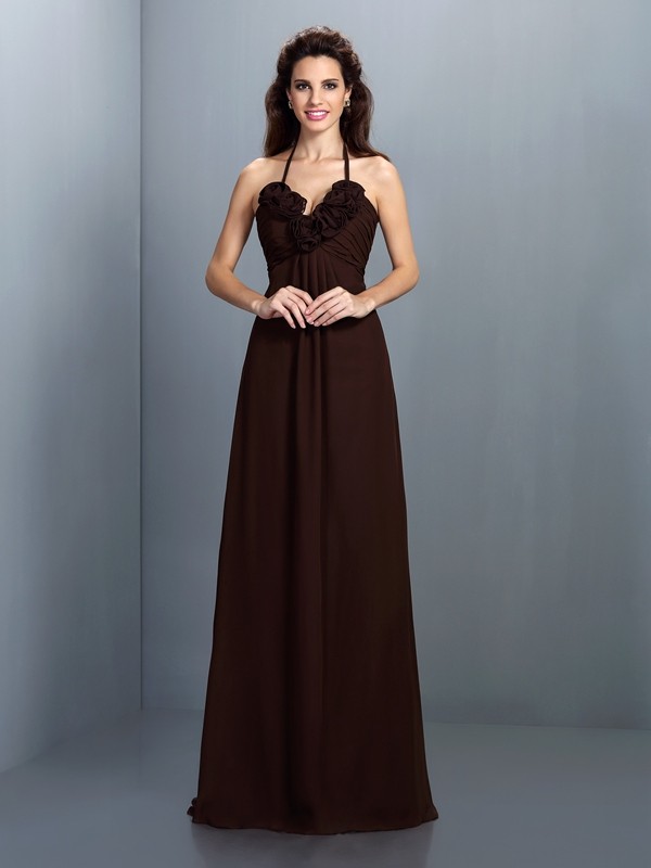 A-Line/Princess Halter Hand-Made Flower Sleeveless Long Chiffon Bridesmaid Dresses 2266