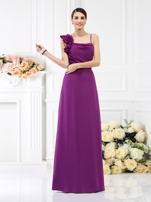 Sheath/Column Spaghetti Straps Hand-Made Flower Sleeveless Long Chiffon Bridesmaid Dresses 3106