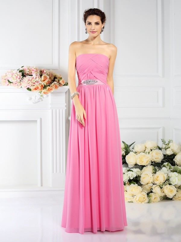 A-Line/Princess Strapless Pleats Sleeveless Long Chiffon Bridesmaid Dresses 2572