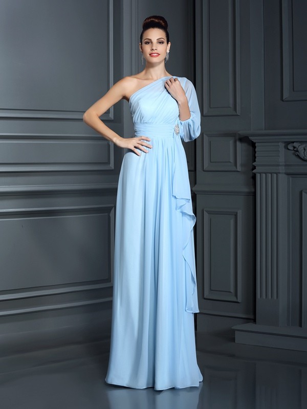 Sheath/Column One-Shoulder 3/4 Sleeves Long Chiffon Bridesmaid Dresses 2986