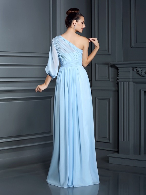 Sheath/Column One-Shoulder 3/4 Sleeves Long Chiffon Bridesmaid Dresses 2986