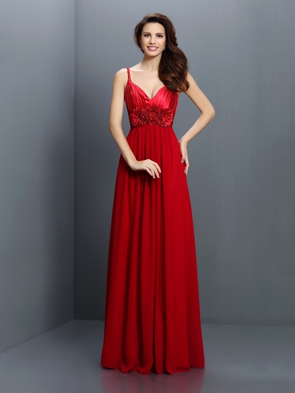 A-Line/Princess V-neck Hand-Made Flower Sleeveless Long Chiffon Bridesmaid Dresses 2789