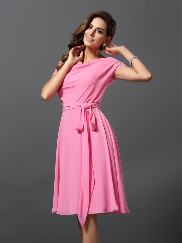 A-Line/Princess Scoop Sash/Ribbon/Belt Short Sleeves Short Chiffon Bridesmaid Dresses 2448