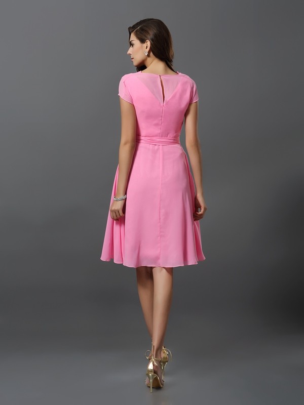 A-Line/Princess Scoop Sash/Ribbon/Belt Short Sleeves Short Chiffon Bridesmaid Dresses 2448