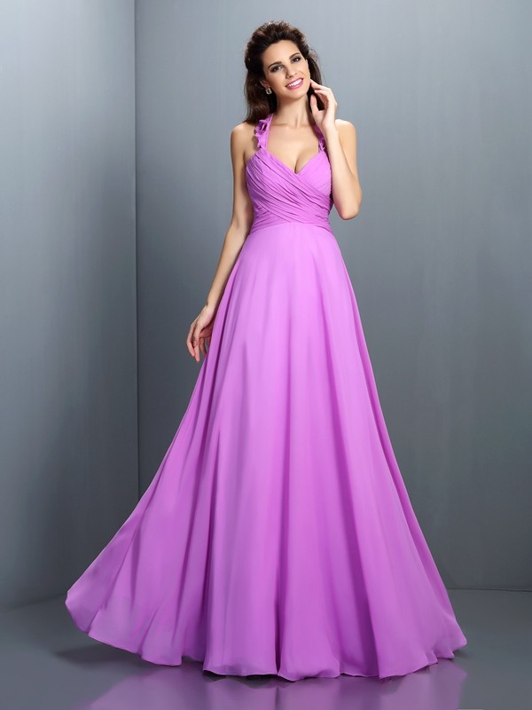 A-Line/Princess Halter Pleats Sleeveless Long Chiffon Bridesmaid Dresses 2272