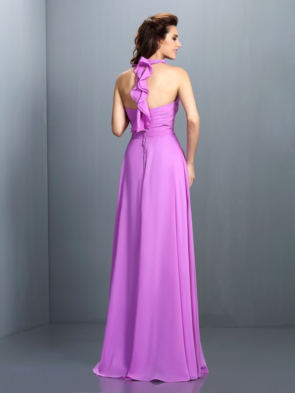 A-Line/Princess Halter Pleats Sleeveless Long Chiffon Bridesmaid Dresses 2272