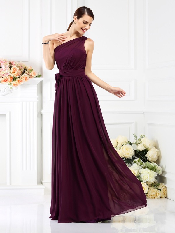 A-Line/Princess One-Shoulder Sash/Ribbon/Belt Sleeveless Long Chiffon Bridesmaid Dresses 2392