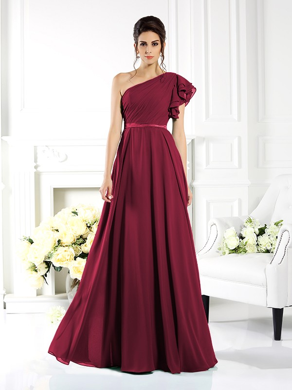 A-Line/Princess One-Shoulder Ruffles Sleeveless Long Chiffon Bridesmaid Dresses 2390