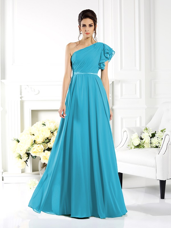 A-Line/Princess One-Shoulder Ruffles Sleeveless Long Chiffon Bridesmaid Dresses 2390