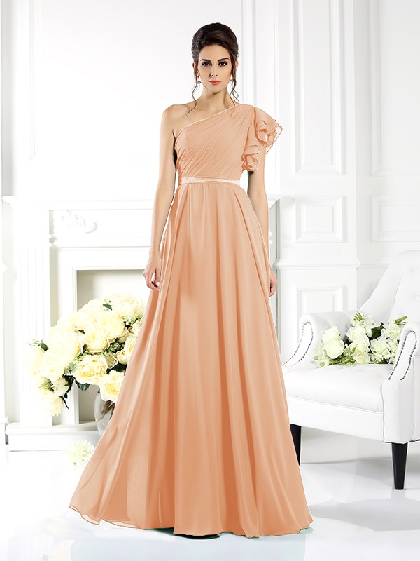 A-Line/Princess One-Shoulder Ruffles Sleeveless Long Chiffon Bridesmaid Dresses 2390