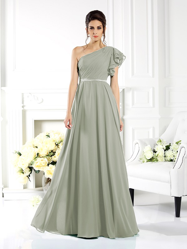 A-Line/Princess One-Shoulder Ruffles Sleeveless Long Chiffon Bridesmaid Dresses 2390