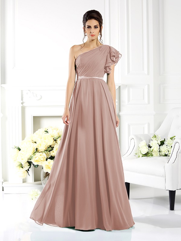 A-Line/Princess One-Shoulder Ruffles Sleeveless Long Chiffon Bridesmaid Dresses 2390