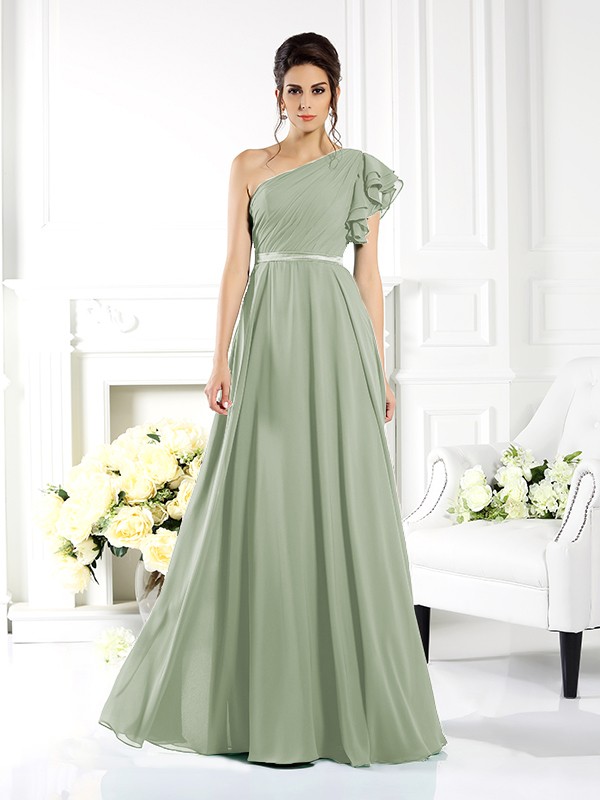 A-Line/Princess One-Shoulder Ruffles Sleeveless Long Chiffon Bridesmaid Dresses 2390