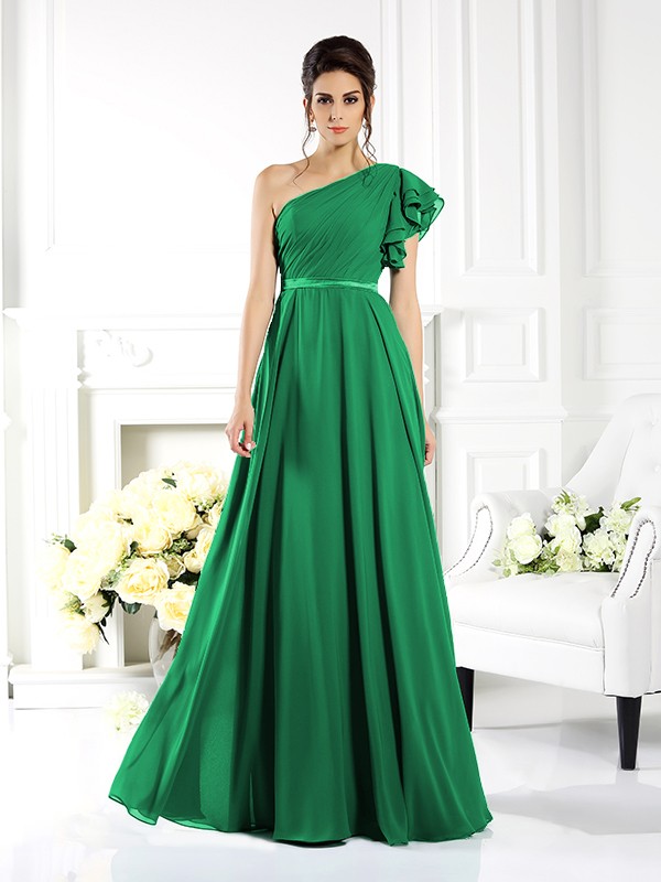 A-Line/Princess One-Shoulder Ruffles Sleeveless Long Chiffon Bridesmaid Dresses 2390