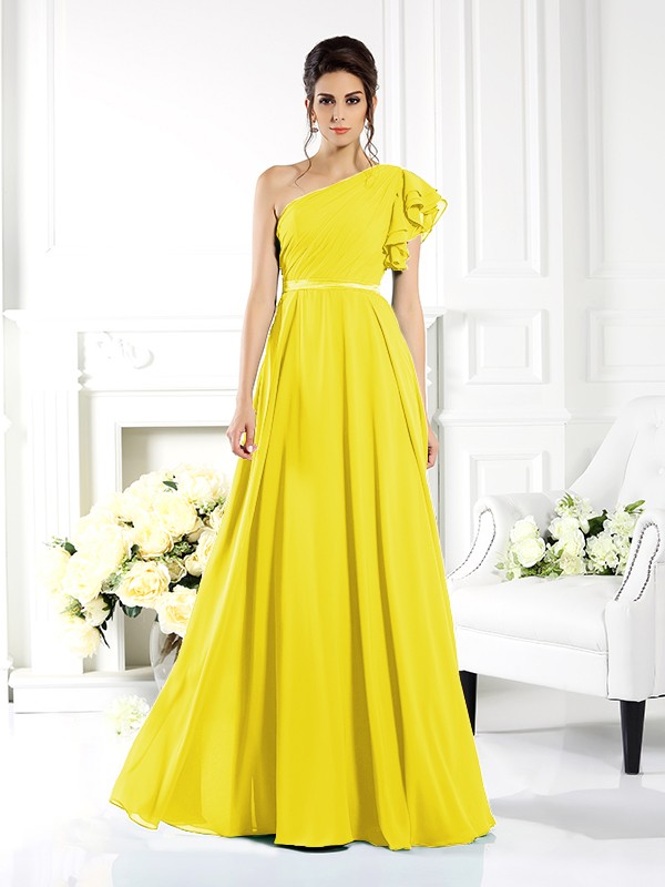 A-Line/Princess One-Shoulder Ruffles Sleeveless Long Chiffon Bridesmaid Dresses 2390