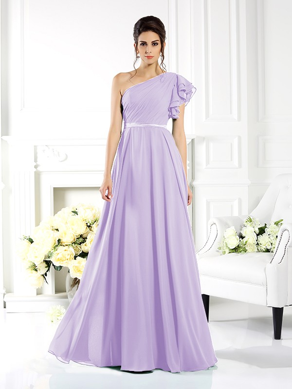 A-Line/Princess One-Shoulder Ruffles Sleeveless Long Chiffon Bridesmaid Dresses 2390