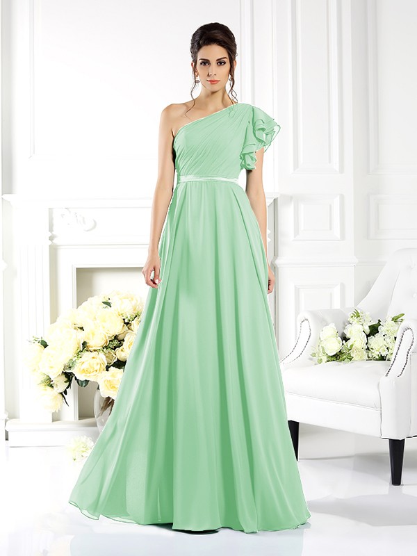 A-Line/Princess One-Shoulder Ruffles Sleeveless Long Chiffon Bridesmaid Dresses 2390