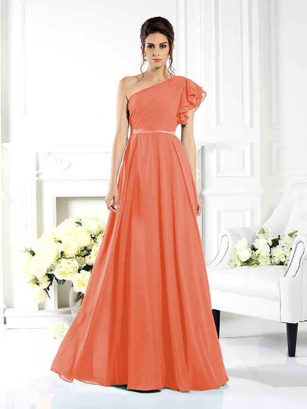 A-Line/Princess One-Shoulder Ruffles Sleeveless Long Chiffon Bridesmaid Dresses 2390