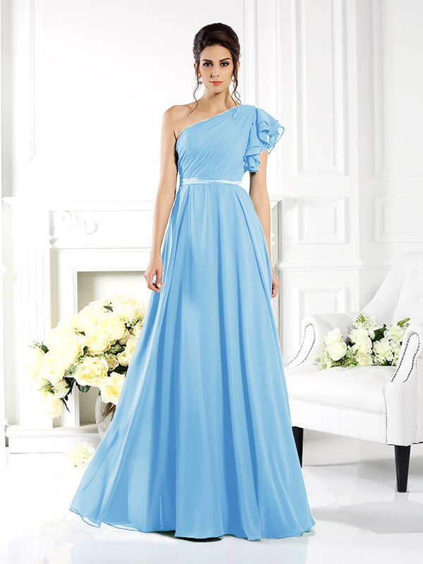 A-Line/Princess One-Shoulder Ruffles Sleeveless Long Chiffon Bridesmaid Dresses 2390