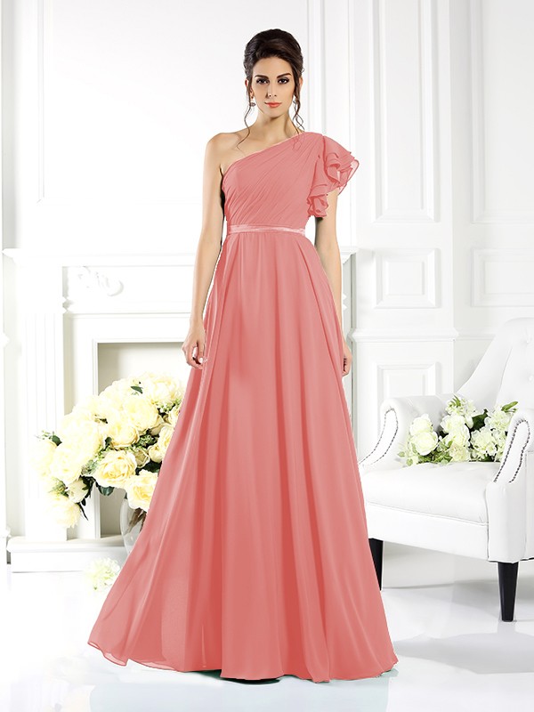 A-Line/Princess One-Shoulder Ruffles Sleeveless Long Chiffon Bridesmaid Dresses 2390