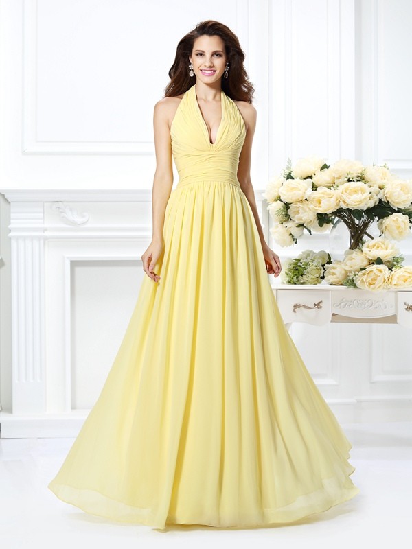 A-Line/Princess Halter Pleats Sleeveless Long Chiffon Bridesmaid Dresses 2273