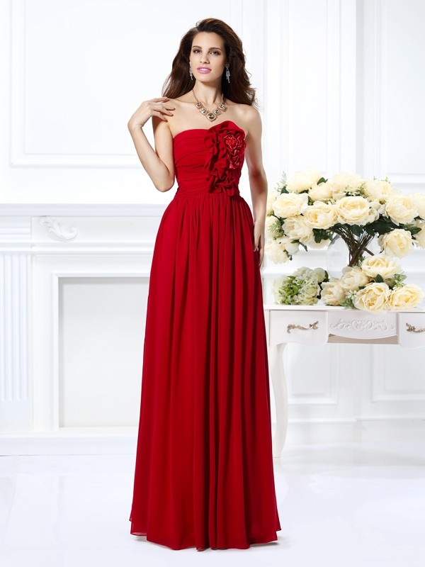 A-Line/Princess Strapless Hand-Made Flower Sleeveless Long Chiffon Bridesmaid Dresses 2565