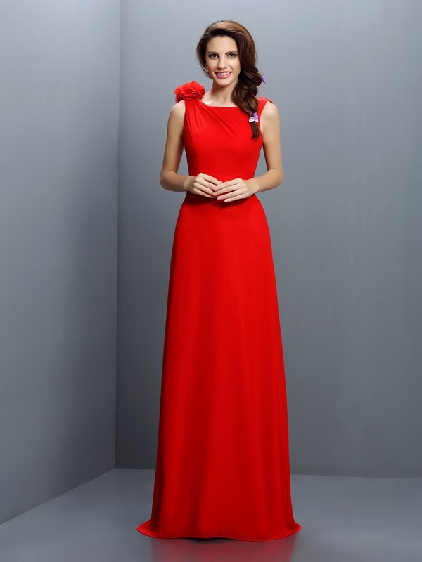 A-Line/Princess Bateau Hand-Made Flower Sleeveless Long Chiffon Bridesmaid Dresses 2098