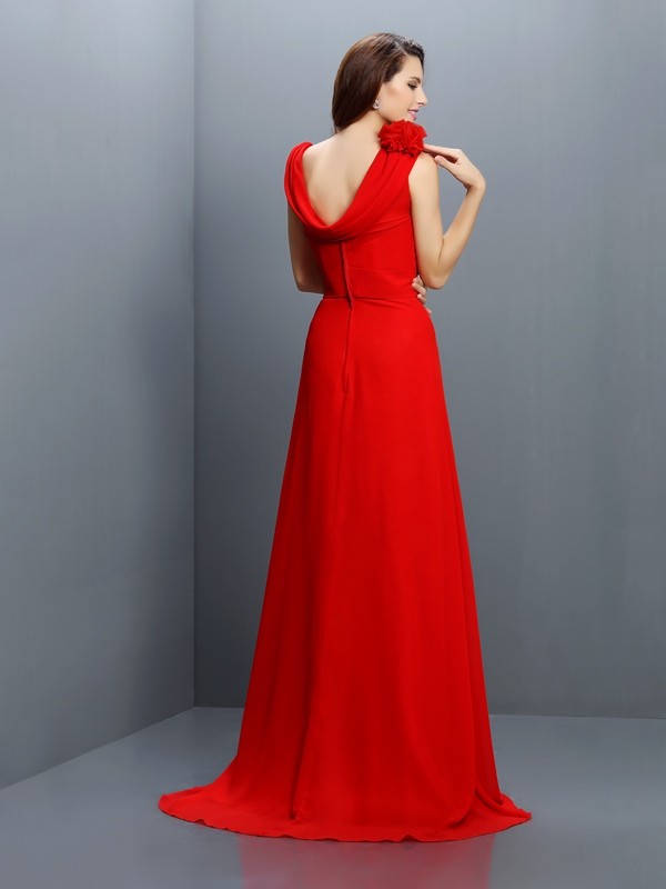 A-Line/Princess Bateau Hand-Made Flower Sleeveless Long Chiffon Bridesmaid Dresses 2098