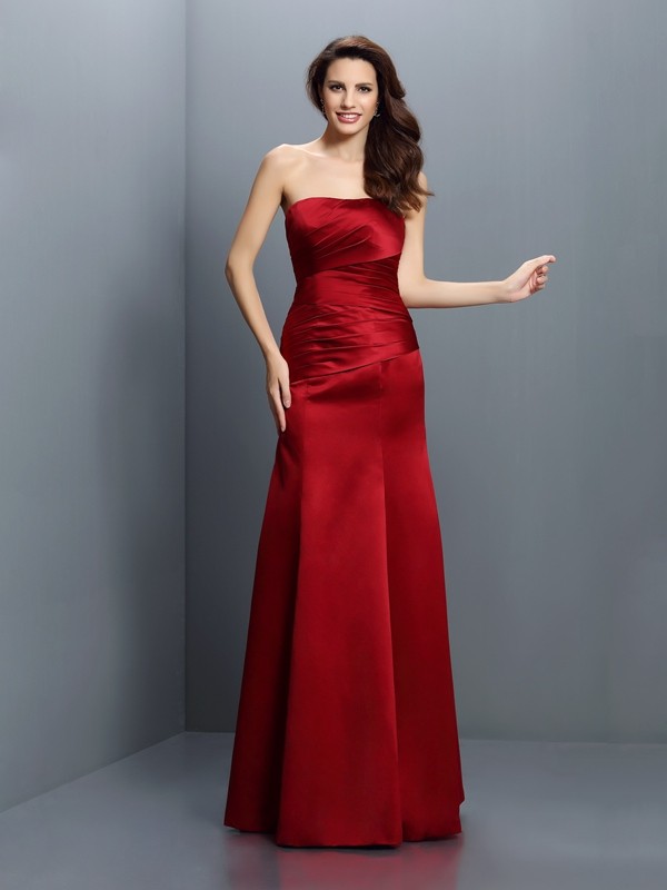 Sheath/Column Strapless Pleats Sleeveless Long Satin Bridesmaid Dresses 3118