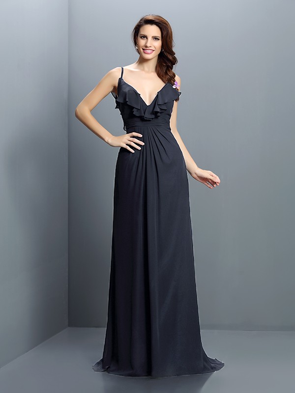 A-Line/Princess Spaghetti Straps Pleats Sleeveless Long Chiffon Bridesmaid Dresses 2537