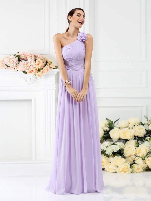 A-Line/Princess One-Shoulder Pleats Hand-Made Flower Sleeveless Long Chiffon Bridesmaid Dresses 2374