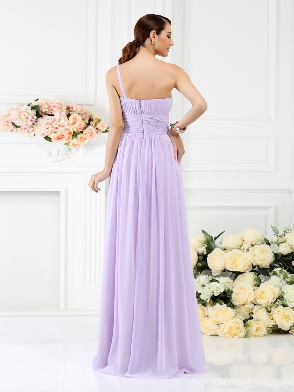 A-Line/Princess One-Shoulder Pleats Hand-Made Flower Sleeveless Long Chiffon Bridesmaid Dresses 2374