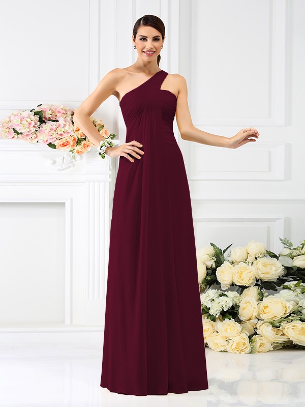 A-Line/Princess One-Shoulder Pleats Sleeveless Long Chiffon Bridesmaid Dresses 2380