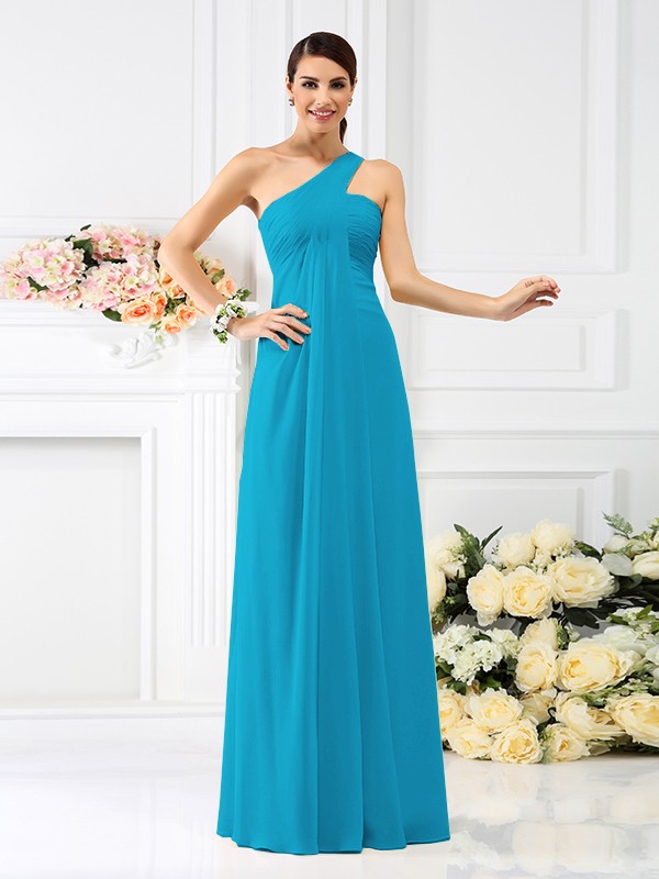 A-Line/Princess One-Shoulder Pleats Sleeveless Long Chiffon Bridesmaid Dresses 2380