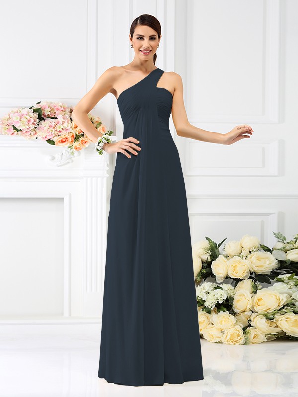 A-Line/Princess One-Shoulder Pleats Sleeveless Long Chiffon Bridesmaid Dresses 2380