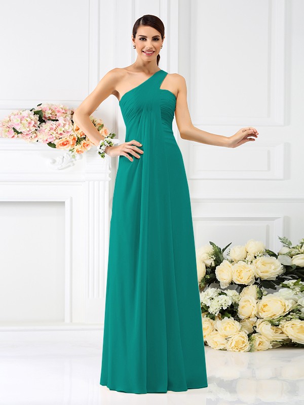 A-Line/Princess One-Shoulder Pleats Sleeveless Long Chiffon Bridesmaid Dresses 2380