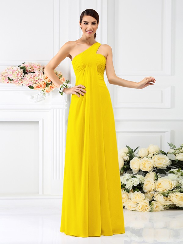 A-Line/Princess One-Shoulder Pleats Sleeveless Long Chiffon Bridesmaid Dresses 2380