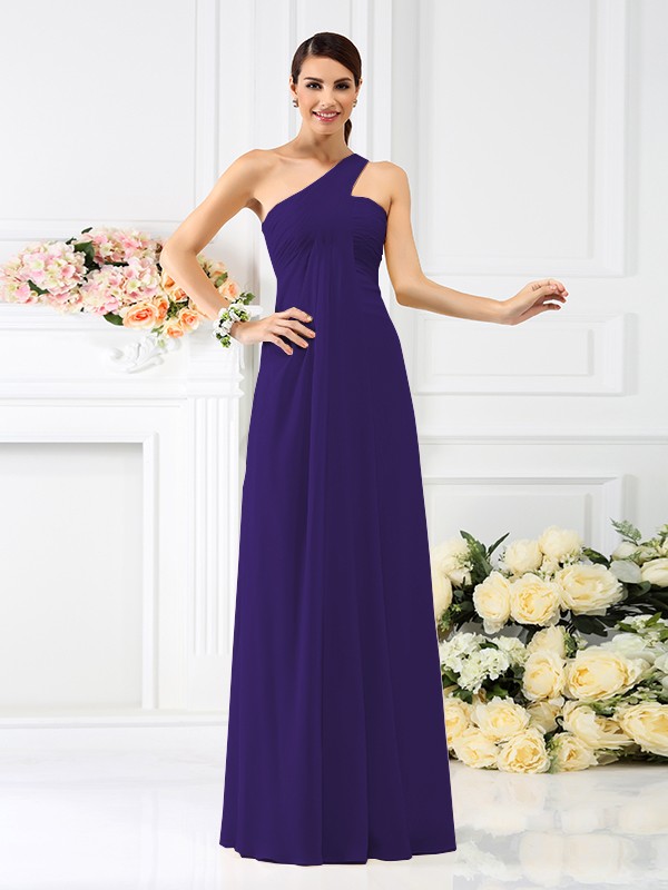 A-Line/Princess One-Shoulder Pleats Sleeveless Long Chiffon Bridesmaid Dresses 2380