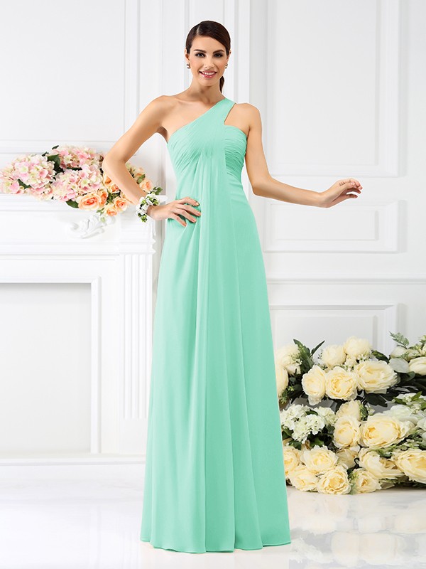 A-Line/Princess One-Shoulder Pleats Sleeveless Long Chiffon Bridesmaid Dresses 2380