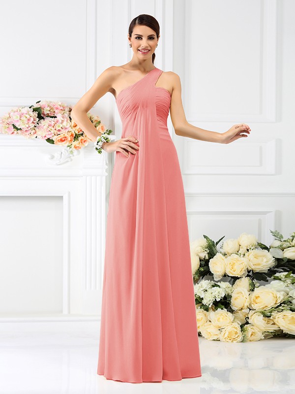 A-Line/Princess One-Shoulder Pleats Sleeveless Long Chiffon Bridesmaid Dresses 2380