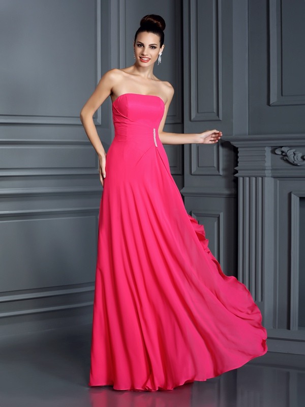 A-Line/Princess Strapless Beading Sleeveless Long Chiffon Bridesmaid Dresses 2561